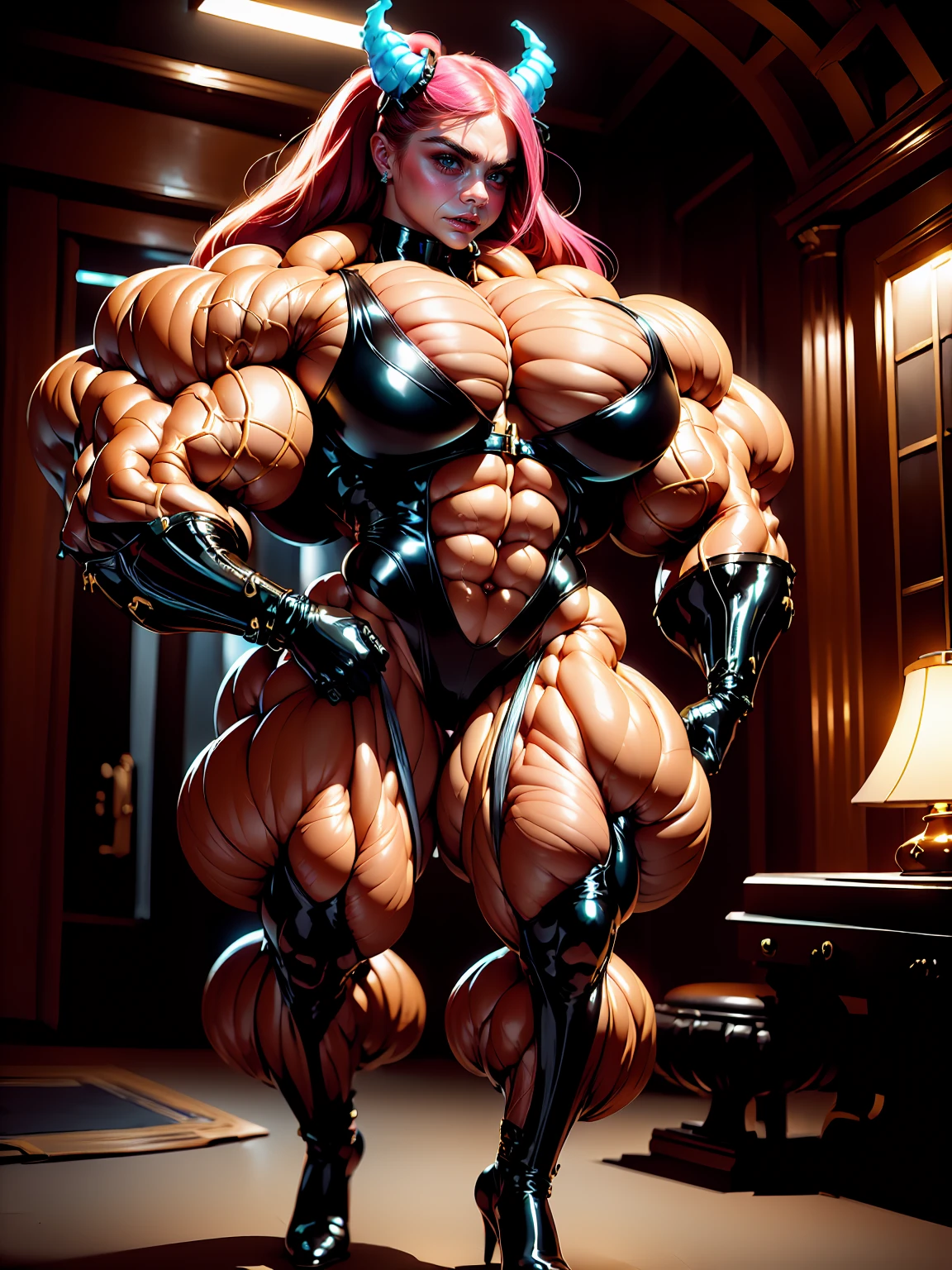 (1 girl), (cara delevingne:1.25), ((wide shoulders:1.5)), (woman wearing a dominatrix outfit with huge tits:1.5), earrings, eyeshadow, lipstick, (full body pose:1.5), (ten pack abs:1.5), (full body view:1.5), ((large muscular veiny breasts:1.5)), choker, (sculpted muscles:1.9), detailed eyes, (muscular body:1.9), (looking at viewer), (smile:1.5), round ass, dark bedroom, night time, rim lighting, two tone lighting, dimly lit, clean skin, low key (DETAILED SKIN), licking lips, (naughty girl face:1.25), naughty, bokeh, bokeh in the art style of peter mohrbacher