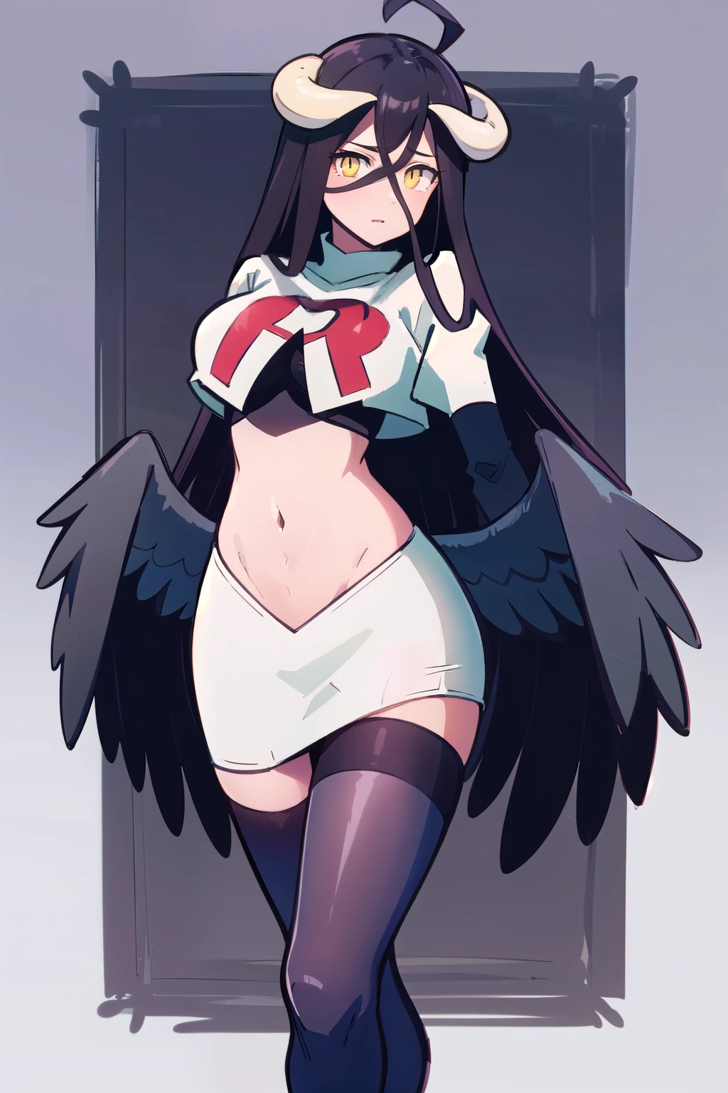 albedow, albedowings, medium breasts, long black hair, ahoge, yellow eyes, looking at viewer, parted lips, cowbot shot, team rocket,team rocket uniform,white skirt,red letter R,crop top,black thigh-highs