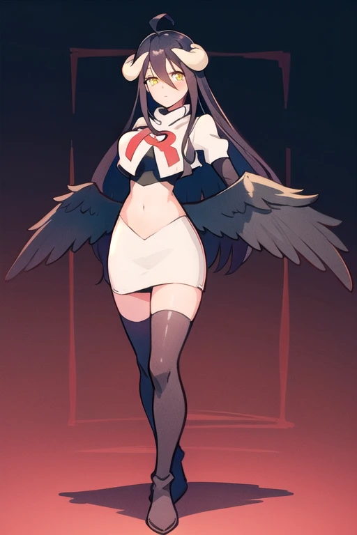 albedow, albedowings, medium breasts, long black hair, ahoge, yellow eyes, looking at viewer, parted lips, cowbot shot, team rocket,team rocket uniform,white skirt,red letter R,crop top,black thigh-highs