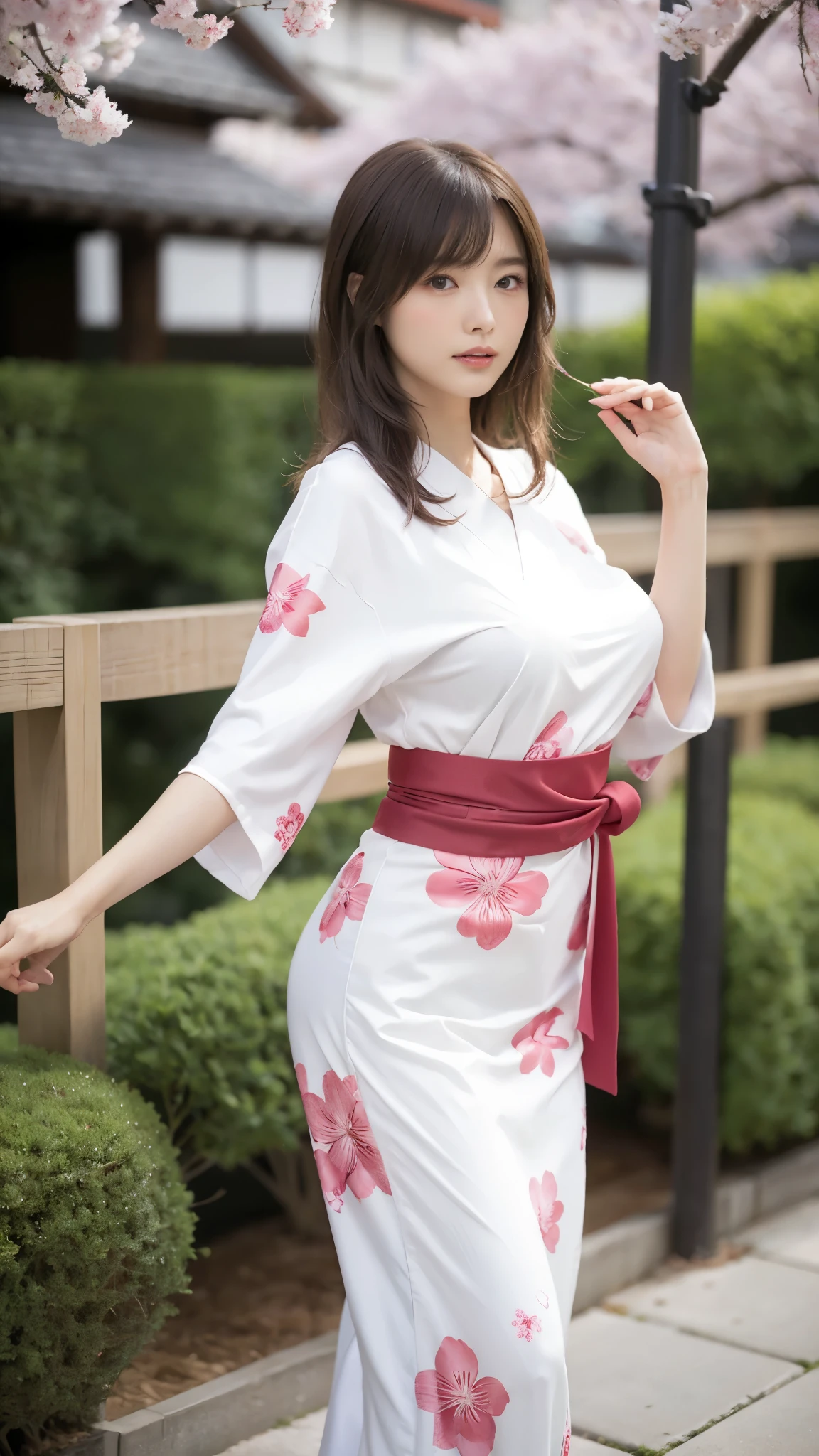 Beautiful Japanese woman, with a mature and alluring presence (1.7), stands confidently in the cherry blossoms garden (1.2). Her lustful expression (1.7) captivates the viewer, as she is a 21-year-old seductress (1.7). Her skinny body (1.1) contrasts with her round and jutting buttocks (1.7), making her tall stature (1.5) even more captivating. Dressed in a traditional kimono, this slim waistline (1.0) accentuates her covetable large breasts (1.7). The attractive young woman radiates desire in her eyes