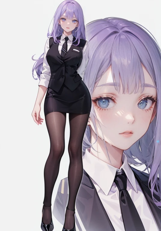 ((Perfect Face)),Purple Hair,Semi-long hair,1 female,bartender,,Black vest,tie,High heels,,((Simple light color background)),((smile)),((whole body)),((whole body)),Portraiture,virtual,upright,