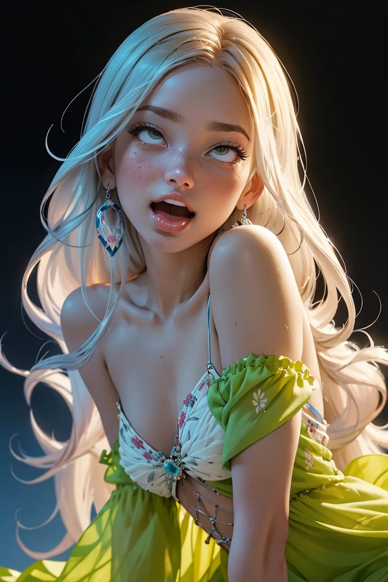 (((masterpiece))), (((best quality))), ((ultra-detailed)), (hyperrealistic), (highly detailed CG illustration), ((extremely delicate and beautiful)),cinematic light, (full body:1.2), 1girl, solo, graceful and enchanting figure, radiating an aura of elegance, intricate facial features, mesmerizing eyes with vibrant colors and delicate shading, white hair, (ahegao:1.2), (ahg:1.2), climax face, (rolling eyes:1.4), shivering, trembling, in agony, (reaching the climax:1.4), blush, embarrassed, tongue out, drool, (head facing upwards:1.1),clothing with elaborate patterns, flowing fabrics and rich textures, off shoulder, off-the-shoulder, reflecting a blend of fantasy and contemporary fashion, under boob, side boob, environment showing mystical realm filled with magical elements, vibrant colors, dynamic lighting, detailed background elements to create a sense of depth and immersion , latest trends in anime art, lighting effects, from the top artists on ArtStation and their exceptional execution of various art styles and themes , (cowboy shot:1.4), high-resolution artwork to showcase intricate details and clarity, exposed nipples.