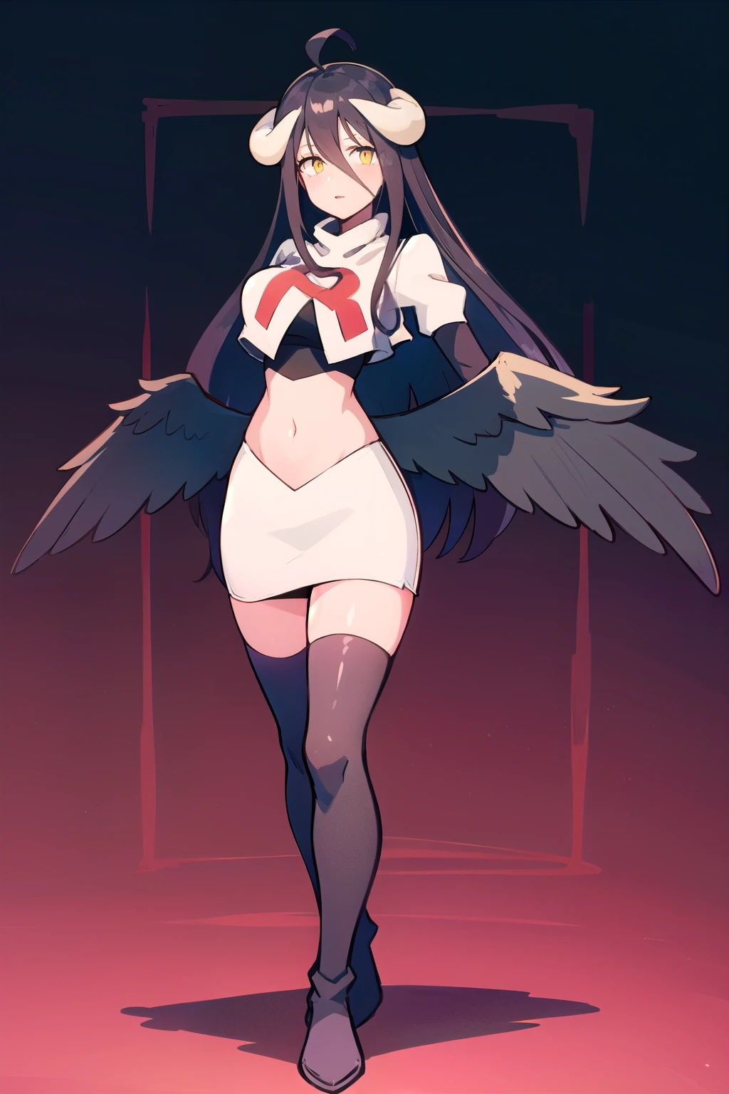 albedow, albedowings, medium breasts, long black hair, ahoge, yellow eyes, looking at viewer, parted lips, cowbot shot, team rocket,team rocket uniform,white skirt,red letter R,crop top,black thigh-highs