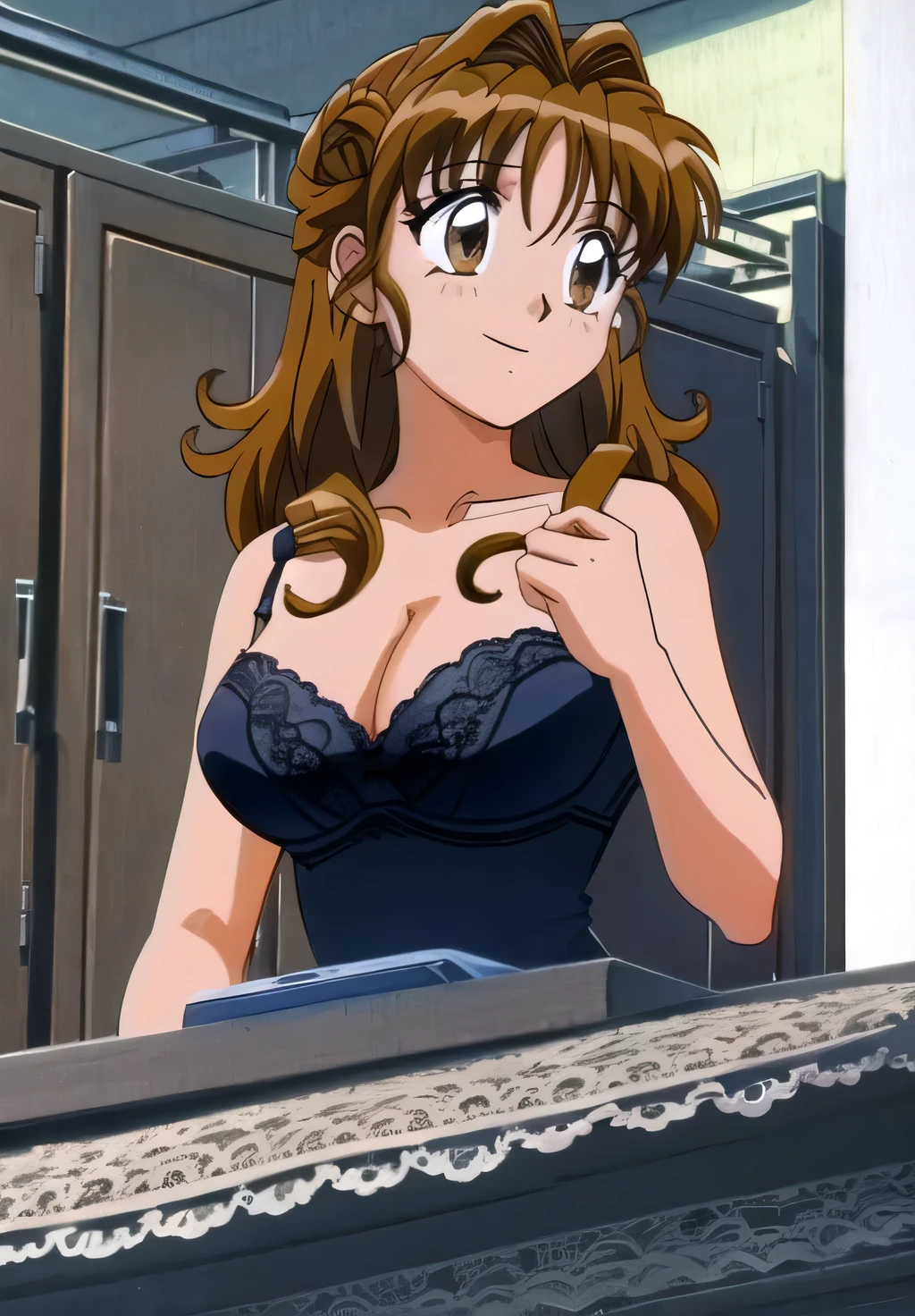 Maron,nsfw,(((yellow_Sleeveless_Take off the camisole))),(((mini skirt))),((Cleavage)),((No bra)),((Nipples)),pupil_Brown,Embarrassing, Open your mouth,smile,avert your eyes,((locker room)),masterpiece, expensive_quality, very_expensive_solve, big_file size, Full Color,