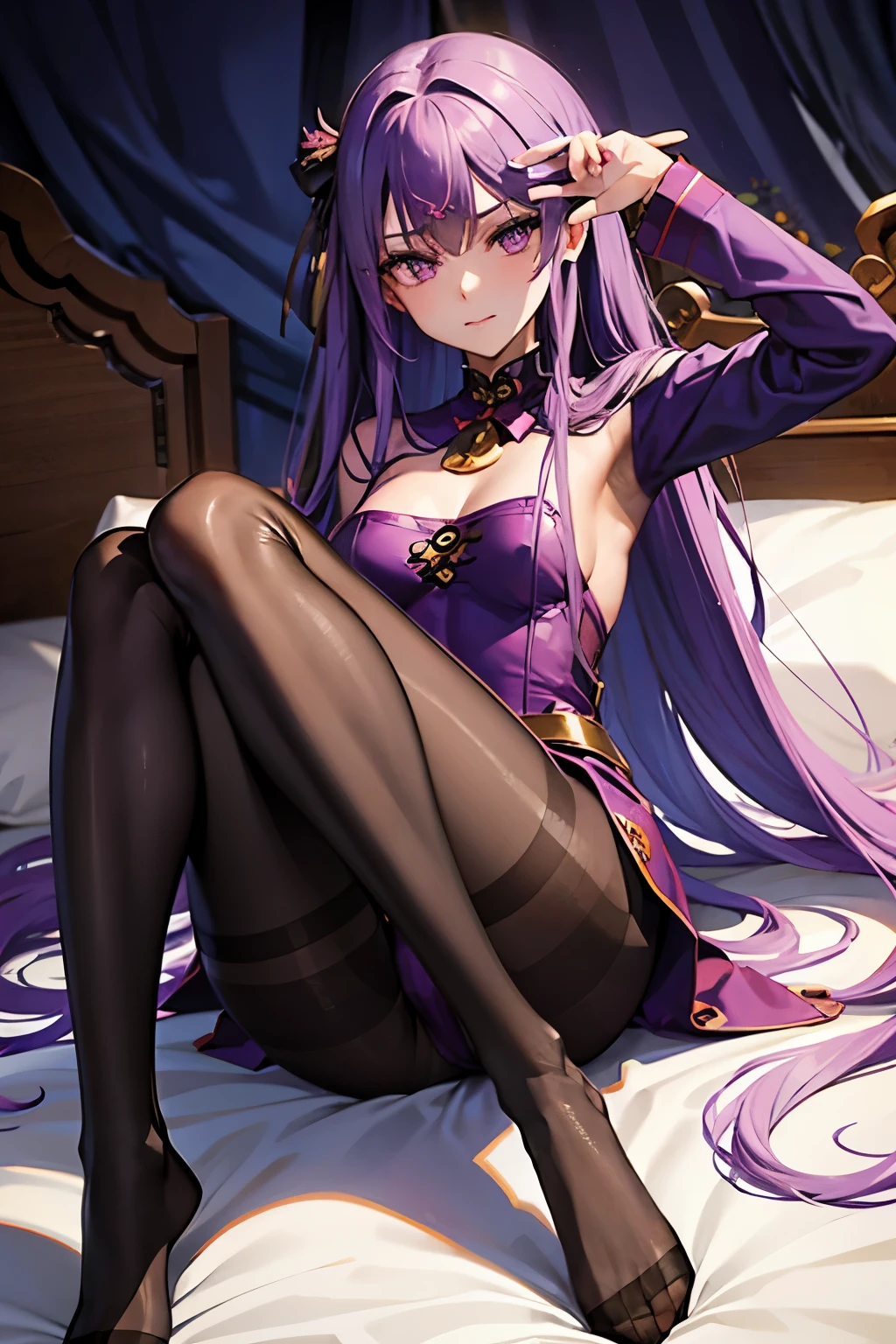 Medusa、fate、Purple Hair、Long Hair、((pantyhose))、Photo from below、Medium chest、Bedroom、anta Claus clothes))、Leg spread