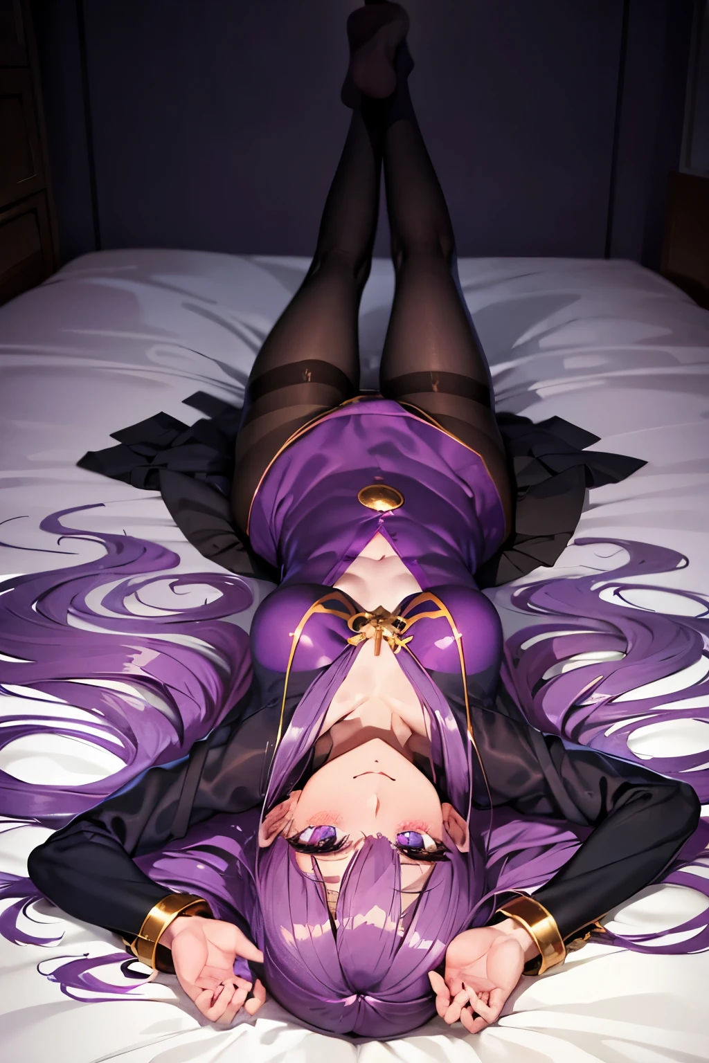 Medusa、fate、Purple Hair、Long Hair、((pantyhose))、Photo from below、Medium chest、Bedroom、anta Claus clothes))、Leg spread