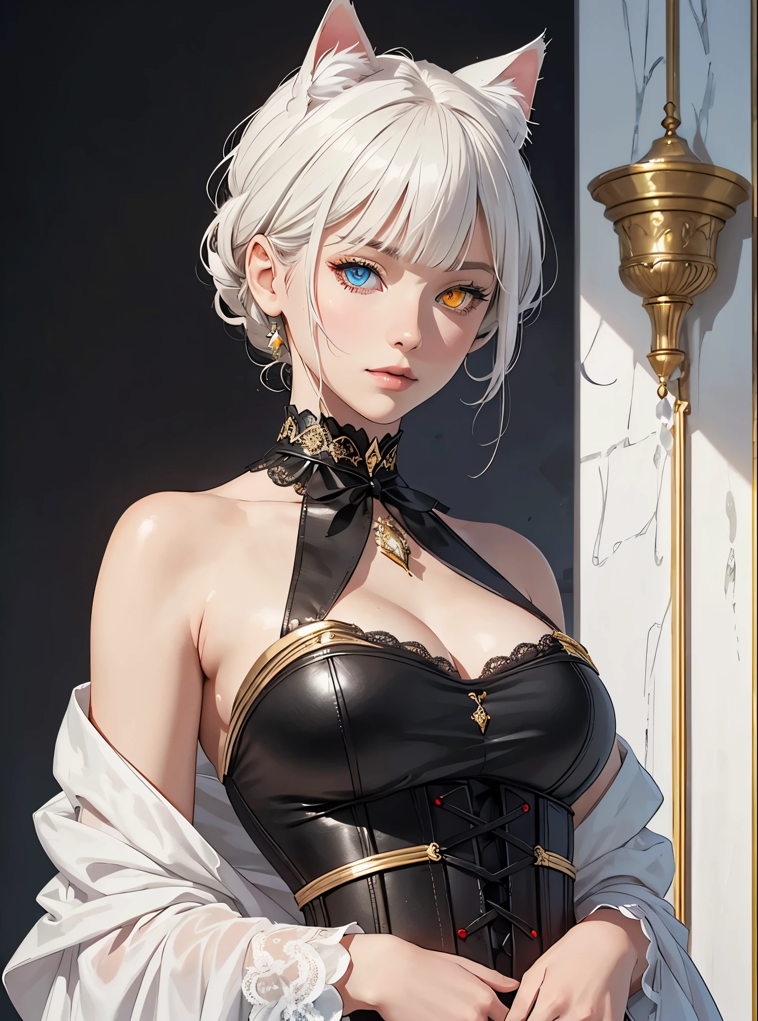 (best quality, ultra detailed and photorealistic: 1.37), work of art, high resolution, (exquisite body: 1.5), (milky skin: 1.3), 4k, official art, Character design, Original art character design, The character is an adult woman with fair skin and in her 20s, perfect body and medium breasts, (((has long white hair with bangs))), ((((the character has cat eyes with heterochromia)))) (((right eye purple and left eye blue))), (((the character has white cat ears))), she has a long cat tail, ((((she wears an 18th century-style medieval princess dress in red, decorated with white lace and golden arabesque, with a black leather corset over the dress)))), she wears a long black wool cloak with a black fur collar covering her shoulders, she wears black satin gloves, she also wears a black choker adorned in gold and ruby, the character is standing and facing the viewer, confident pose with your left hand on your waist and your right hand close to your face, she has a seductive and confident expression, a beautiful and delicate face, anime style, RPG character image, ((blank background, empty))