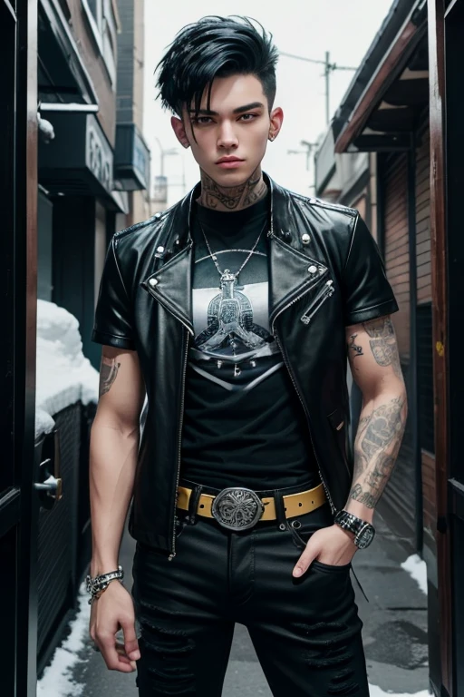 Brandon Grace 20-year-old boy with open black jacket, blue t-shirt with snow print, short black hair, punk style, yellow locks, black jeans, green eyes, black leather belt, silver buckle, slim muscular build, cross medallion, silver bracelet, looking straight at the viewer