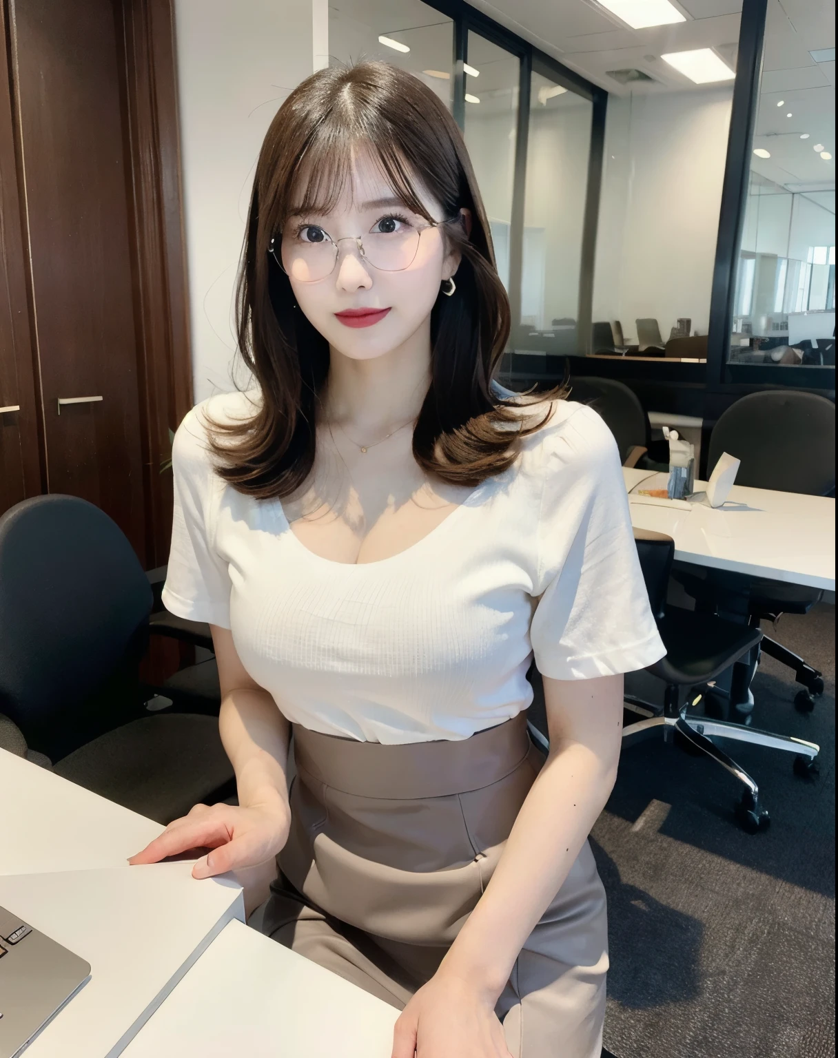 woman sitting in the office room, white wall, grey table, CEO, (business outfit:1.2), (office shirt:1.2), black tight skirt, earrings, black stockings, (masterpiece:1.2, best quality), 1milf, blush, ((brown short hair)), brown eye, (big breasts), perfect slim body, perfect face, perfect hands, (shy face), perfect eyes, seductive eyes, beautiful detailed eyes, tempting, detailed fingers, beautiful detailed eyes, (((masterpiece))), ((best quality)), ((intricate detailed)), ((Hyperrealistic)), absurd res, perspective, highly detailed, bokeh, UHD, HDR, RAW photo, ray tracing, 8k, cinematic lighting, slightly red cheeks, perfect body, perfect legs, long legs, slim legs, (sweating face), bokeh, ray tracing, (blurry background:1.2), detailed background, perfect eyes, (gorgeous beautiful 24 age years old japanese women:0.4), ((white sillky skin)), sharp focus, detailed background, perfect eyes, seductive eyes, looking at the viewer, (light smile:1.05), from front, (wearing oval glasses:1.2), night view