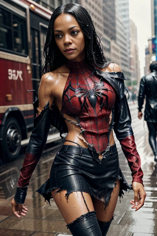 Zoe Saldana、マーベル・コミック映画のPoster, Very beautiful, Movies about Spiderman, sexy, whole body, I'm wearing a skirt、Premiere date, Poster、belly buttonを突き出す、new york、She's wearing a torn Spider-Man suit,The suit is torn、Wearing a skirt、 Red and black color scheme,dynamic、masterpiece、highest quality、Ultra-detailed、Very detailed、A delicate and beautiful shine、超A high resolution、Cinematic,Break,Breakdrop,(Torn clothes:1.5), (Wet clothes:1.4), Bare shoulders,Real Rain,Wet Hair,belly button、Exposing Skin、sexyな肩を見せてる