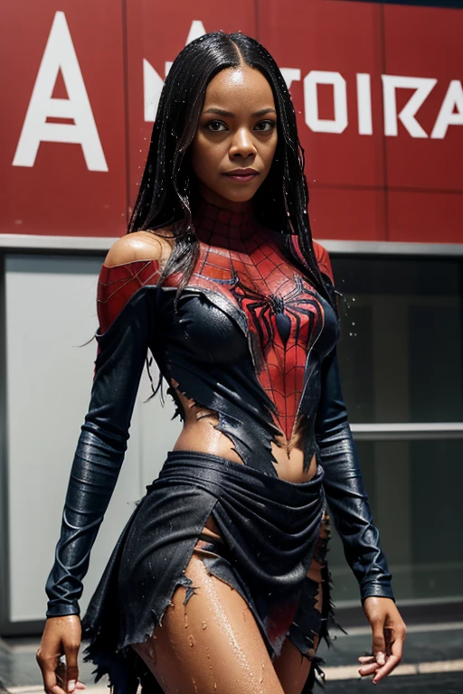 Zoe Saldana、マーベル・コミック映画のPoster, Very beautiful, Movies about Spiderman, sexy, whole body, I'm wearing a skirt、Premiere date, Poster、belly buttonを突き出す、new york、She&#39;s wearing a torn Spider-Man suit,The suit is torn、Wearing a skirt、 Red and black color scheme,dynamic、masterpiece、highest quality、Ultra-detailed、Very detailed、A delicate and beautiful shine、超A high resolution、Cinematic,Break,Breakdrop,(Torn clothes:1.5), (Wet clothes:1.4), Bare shoulders,Real Rain,Wet Hair,belly button、Exposing Skin、sexyな肩を見せてる