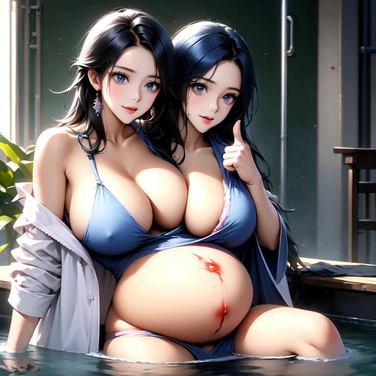 Pregnant women, breasts that are bigger than her , massive cleavage, breast milk flowing everywhere and all over her, sexy, naked, storing breast milk, connected to big vats, breast milk flowing out of her nipples, overweight, laying down, filling a container full of breast milk, leaking pipes full of breast milk, blue eyes, blue hair, cups full of breast milk, working machines, blood all over her, flooded rooms full of breast milk and blood, breast milk pouring out from the walls, thumbs up, giant pools of breast milk, cramped in between machines