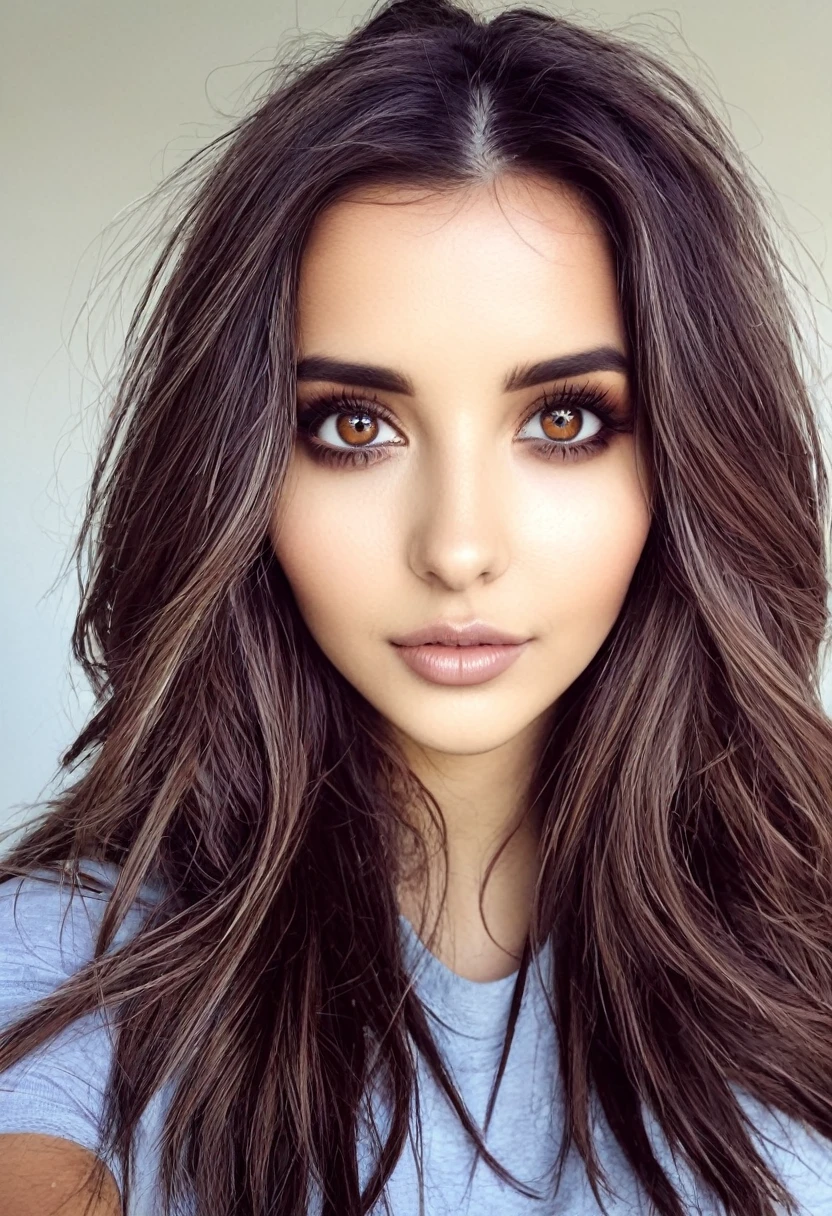 uma mulher bem morena muito realista, de cabelos grunge marrons, olhos mel. A foto tem que ser muito realista 