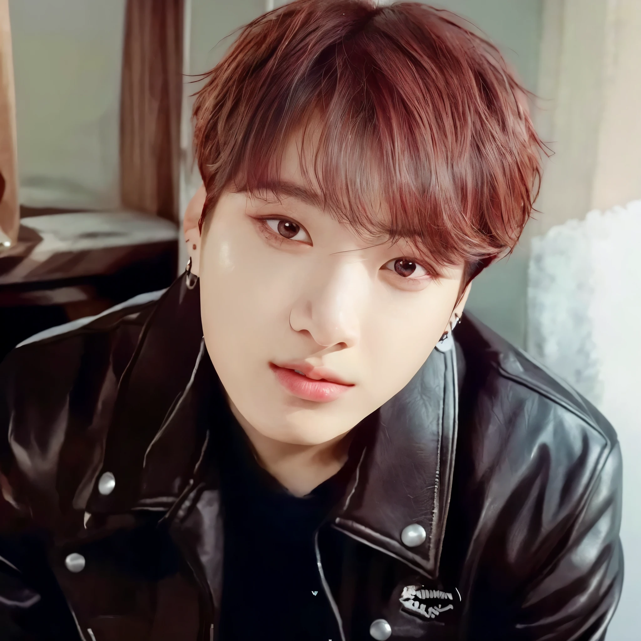 um close de uma pessoa vestindo uma jaqueta de couro e uma camisa preta, Jungkook, Jimin\the full lips, Jimin\the right eyelid is swollen, park Jimin, hyung tae, cai xukun, Jimin, Yoongi de cabelo preto, profile picture with headshot, Tae June Kim, Hong junho hyung, kpop idol portrait, accurate Jimin face, adorable and pale korean face