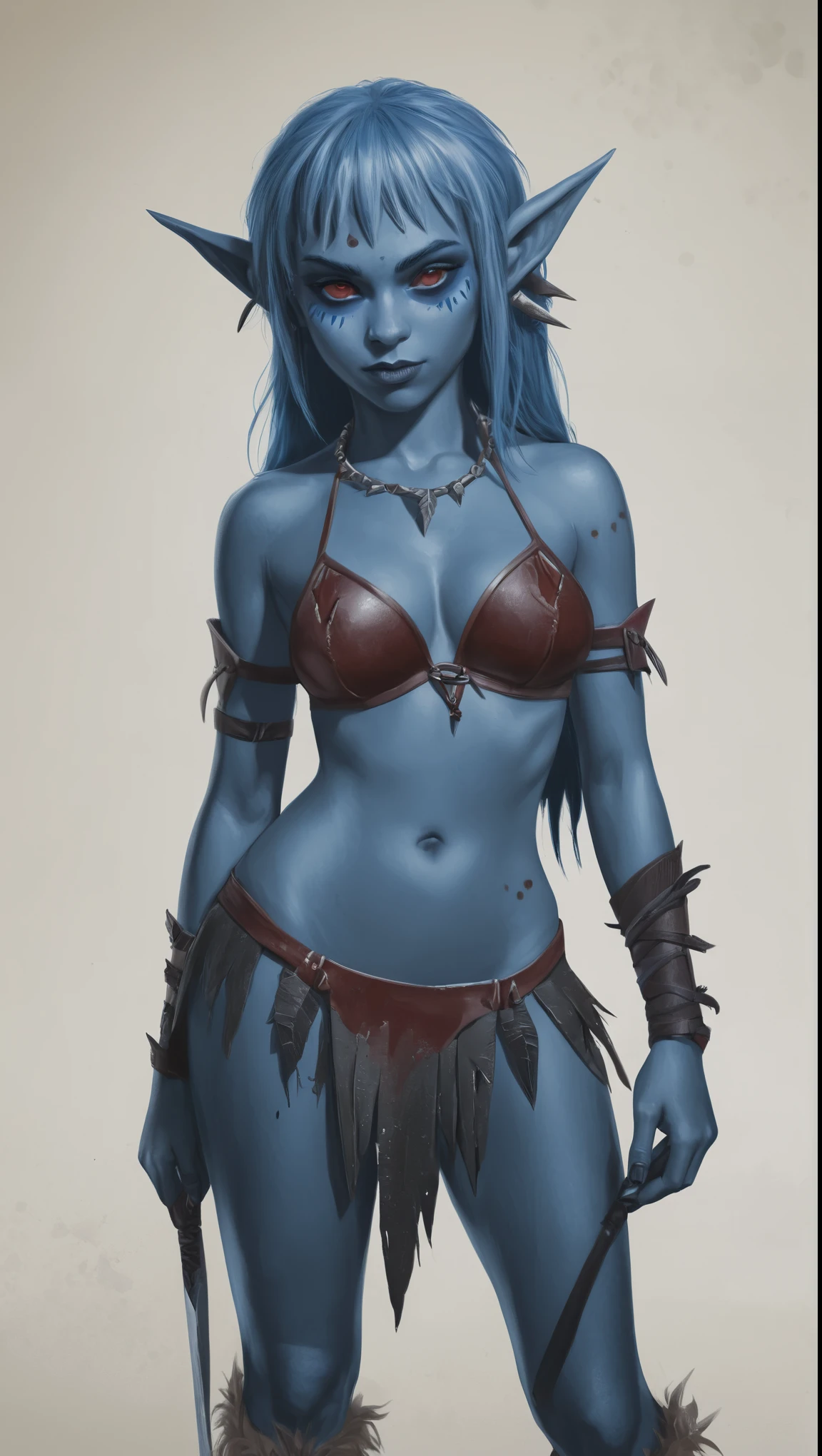 An illustrated movie poster, hand-drawn, full color, a young drow girl, drow elf, wearing a barbarian bikini, blue skin, blue complexion, pointy elf ears, ruby eyes, dark hair, shaggy bangs, posing like a model, hard shadows, graphite shading, stencil marks, airbrushed acrylic paint, masterpiece, in the style of Rockstar Games 