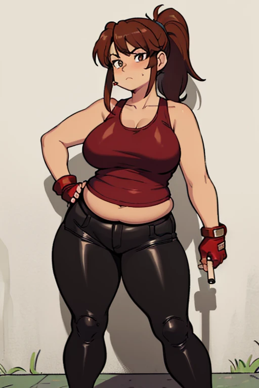 (masterpiece, highest quality:1.2), solo, 1girl, revy, 45-year-old, mature woman, milf, (Chubby figure:1.5), expressionless, looking at viewer, ponytail, (Wearing: red tank top, fingerless gloves, black leather pants), holding a cigarette, city street, standing, leaning up against a wall
