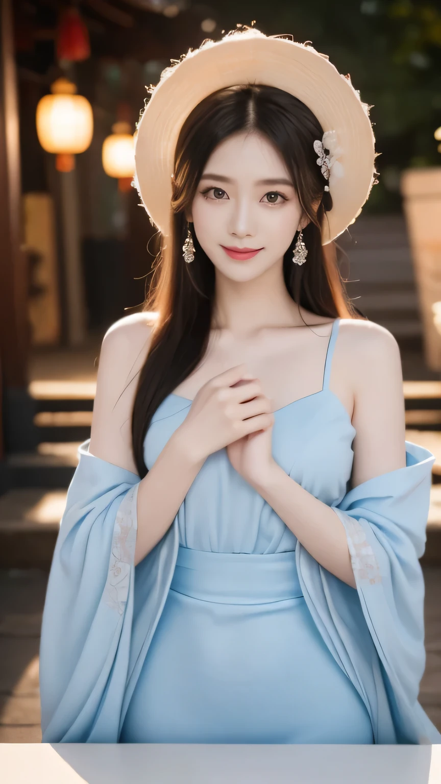 black hair, hair bobbles, wince, longeyelashes, solid circle eyes, light smile, ear blush, fang, Surrealism, drop shadow, anaglyph, stereogram, tachi-e, pov, atmospheric perspective, 8k, super detail, ccurate, best quality,Close-up of a woman in a blue dress filming a video, Popular on cgstation, Popular on cgstation Content, Beautiful Chinese model, Chinese Girl, Korean Girl, Chinese woman, beautiful south Korean woman, Charming pose, Inspired by Huang Ji, Japanese Goddess, 8K Artgerm bokeh, palace , Girl wearing Hanfu, Korean woman