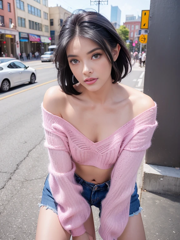 1 beautiful girl, Glamorous body, gray short hairstyle, slick skin, blue eyes, smile, scouting smile, Fancy makeup, heavy eye makeup, Pink lips, (sheer lace off shoulder crop top, flare sleeve), (Sexy Shorts), Knitted sandals, realist, super realistic 8K, super detailed and realistic, Bold poses, small breasts, Downtown Urban