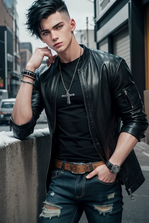 David Duggan 20-year-old boy with open black jacket, blue t-shirt with snow print, short black hair, punk style, yellow locks, black jeans, green eyes, black leather belt, silver buckle, slim muscular build, cross medallion, silver bracelet, looking straight at the viewer