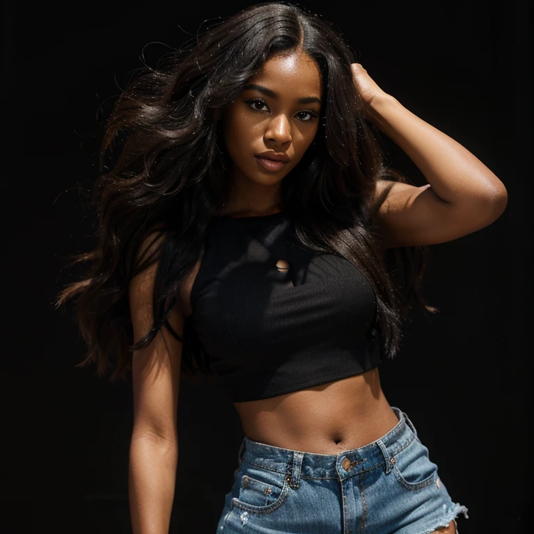 Beautiful african-american woman with long hair, flawless makeup wearing crop top and shorts standing black background 