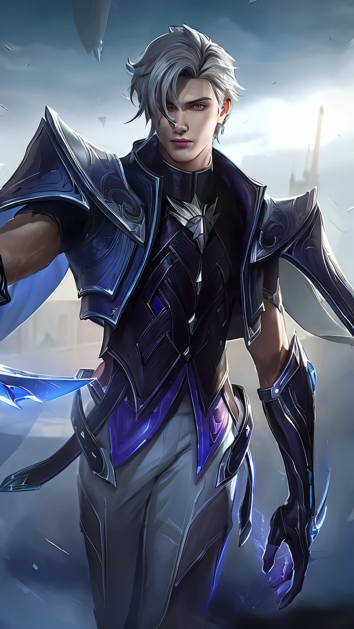 (absurdres, highres, ultra detailed, HDR), masterpiece, best quality, Android Game Character , short hair, handsome boy, anime eyes, Mobile Legends Hero, detailed scebe, detailed character