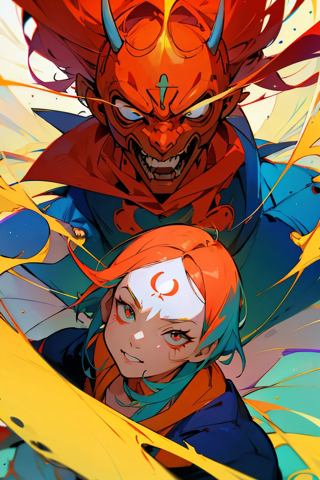 anime girl with a demon mask on her head, Sachin Teng, in the style of Sachin Teng, inspirado em Satoshi Kon, jc leyendecker and Sachin Teng, villain wearing a red oni mask, estilo de arte satoshi kon, estilo de satoshi kon, por Liam Wong, anime vibes, anime style illustration, arte de anime limpa e detalhada, Phil Noto e James Jean