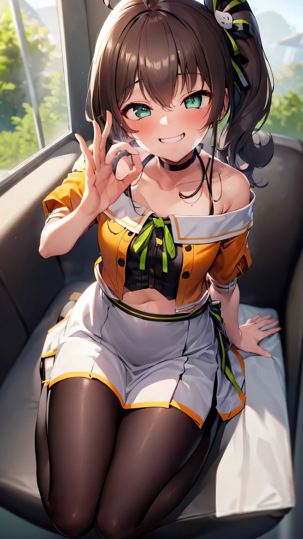  ((((Open your mouth))))、masterpiece,highest quality,High resolution,Ultra-detailed,bb Festival,meだium hair,skinny,Ahoge,brown hair,(((((  A grinning face ))))),skinny,Hair between the eyes,bangs,Hair Ribbon,Black Choker,Earrings,Black Ribbon,plaiだ shirt,Grey Shirt,shoulだer cutout,Short sleeve,See-through sleeves,Black Skirt,High Waist Skirt,race,(( perfect finger )) ,  shoes下,(black shoes下:1.4),race trim,shoes,Black footwear,Indoors,(Cafe:1.2),((Blowjob gestures:1.5))、open the mouth ,Sitting,Chair,heavy breathing ,