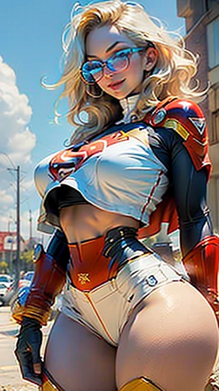 Supergirl's body set thighs cybernetic body parts, short underwear, blonde hair with blue eyes, ((ridiculously large breasts))), (ridiculously huge breasts: 1.5), (((huge breasts)), detailed face, gorgeous, gorgeous and sexy smile, glasses and guns.