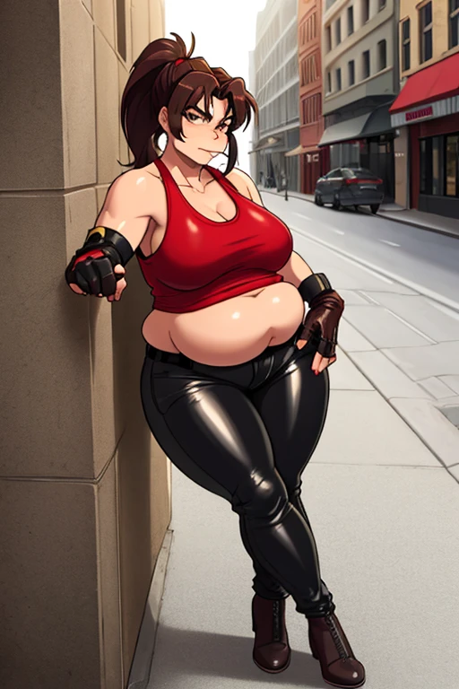 (masterpiece, highest quality:1.2), solo, 1girl, revy, 45-year-old, mature woman, milf, Chubby figure, plump, fat rolls, big fat belly, expressionless, looking at viewer, ponytail, (Wearing: red tank top, fingerless gloves, black leather pants), holding a cigarette, city street, standing, leaning up against a wall