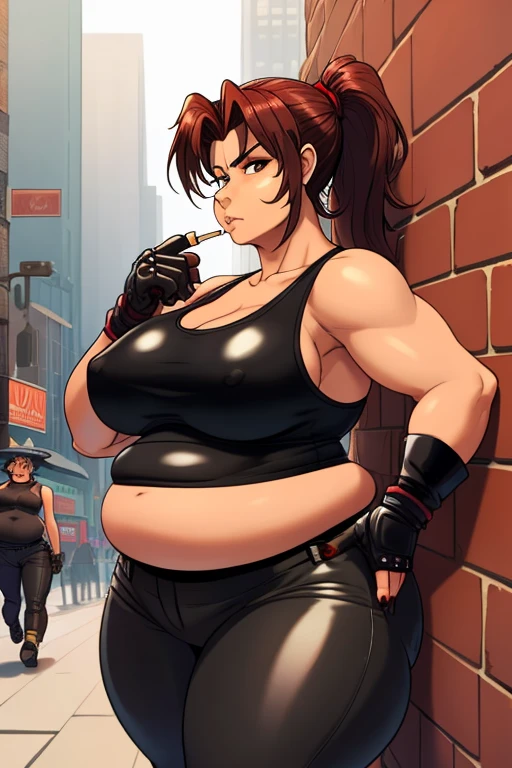 (masterpiece, highest quality:1.2), solo, 1girl, revy, 45-year-old, mature woman, milf, Chubby figure, plump, fat rolls, big fat belly, expressionless, looking at viewer, ponytail, (Wearing: red tank top, fingerless gloves, black leather pants), holding a cigarette, city street, standing, leaning up against a wall