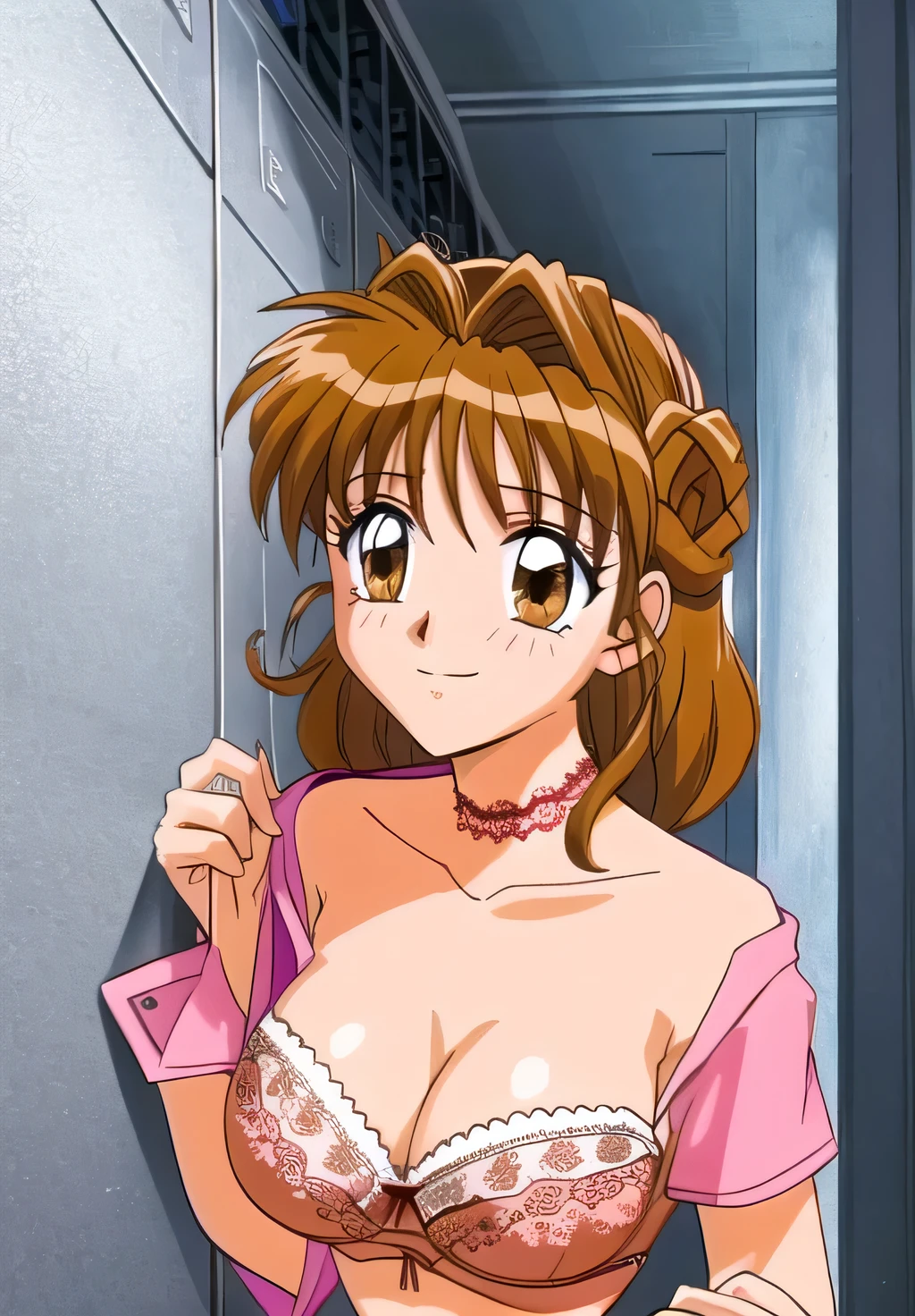 Maron,Browsing Caution,(((Lace Underwear))),((((No bra)))),((topless)),pupil_Brown,Embarrassing, Open your mouth,smile,avert your eyes,((locker room)),masterpiece, expensive_quality, very_expensive_solve, big_file size, Full Color,