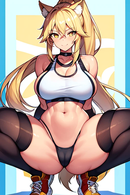 1girl, tan skin, tan, yellow eyes blonde hair, smile, mature female, tall female, full body, tall, toned, toned female, milf, light smile, ponytail, wolf eats, wolf tail, huge breasts, breasts, thick thighs, wide hips, argentina, squatting, spread legs, thighhighs, shoes, sportswear, sports bra, blue stripes, arms behind back, black thighhighs, white sports bra, panties, highleg, highleg panties, text, number, numbered, simbol, numbers, english text