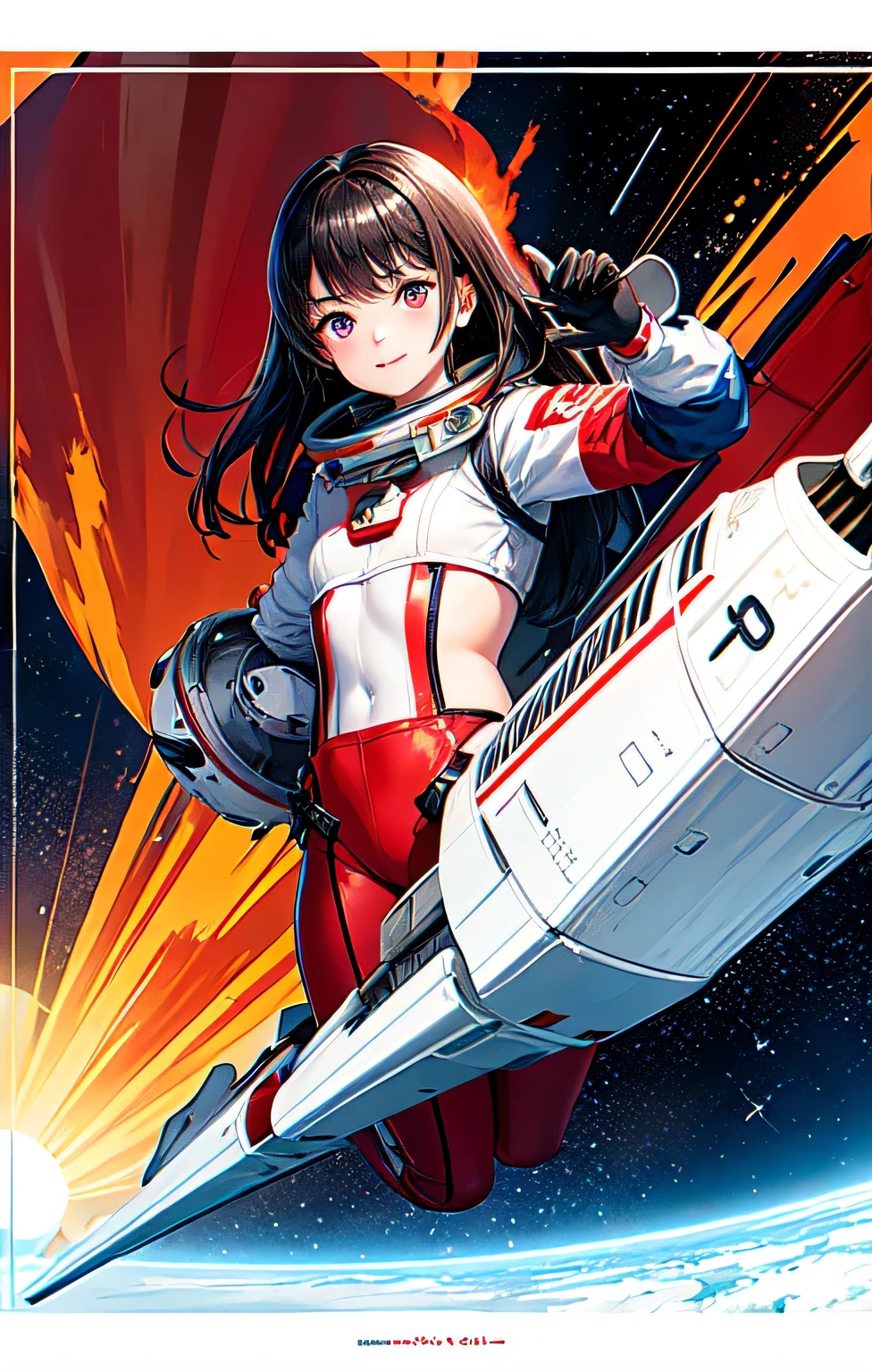One girl,flat_chest,cute,beautiful detailed eye,shiny hair,visible through hair,hairs between eye, CCCP Poster, Sovietposter,red monochrome,Soviet poster, Soviet,Communism,
black_hair,red_eye,vampire,,Small breasts,Spacesuit:orange_clothing_body:Jumpsuit),white_gloves, white_Space shoes, white_Helmet, the CCCP red letters on the top of Helmet, no gravity, Side light, reflection, The person wearing the spacesuit is in the bottom left of the frame., Extending the right hand, His right hand gently touches the Salyut space station.), Space station in the top right of the screen, Reflection from the sun, Silver Metal,red flag, shine,Soviet style, diffuse reflection, Metallic texture, The view of the blue earth,mecha style,Sea of stars,Treble, grow