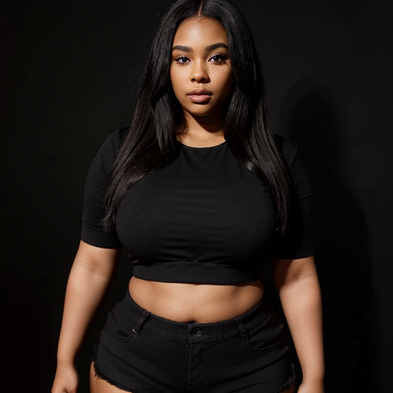 Create a standing portrait of a curvy bootilicious Black woman with beautiful caramel skin. She is listening to music with stylish, luxury headphones inspired by Kim Kardashian