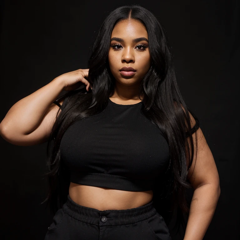 Plus size african-american woman with long hair flawless makeup wearing black crop top black shorts black background 