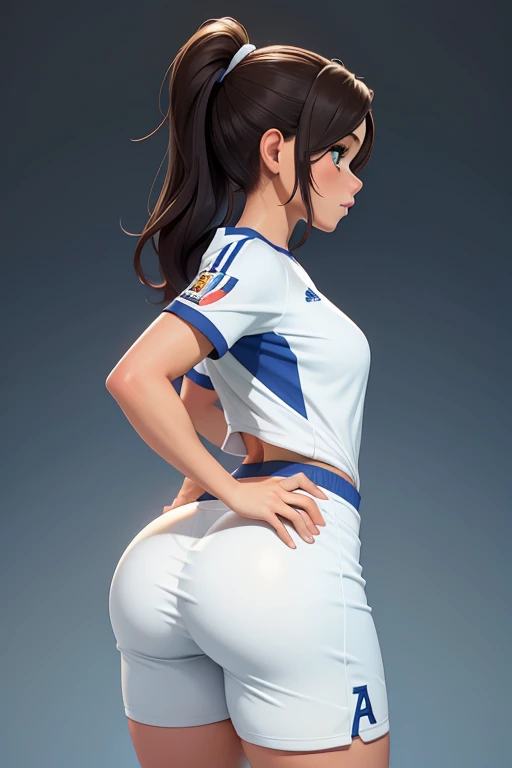 Side view of a beautiful female soccer player with slim waist., big booty, Usando solo una tanga, Fondo blanco, sin antecedentes