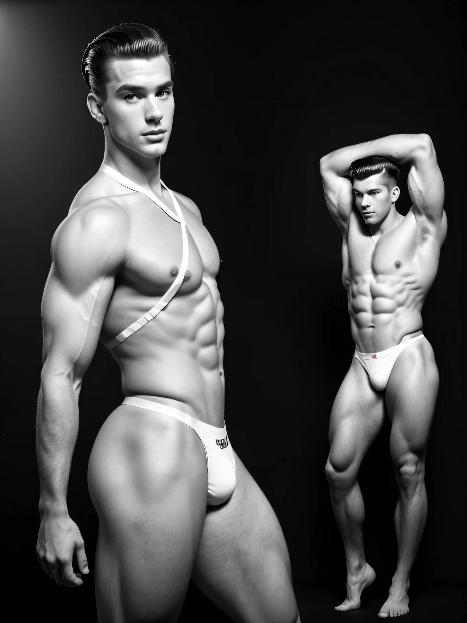 (masterpiece, DSLR camera, RAW, best quality:1.2), full body portrait of young man, ((male)), (styled in a vintage 1950's black & white Bob Mizer photograph, wearing a small white thong, highly detailed:1.3), flexing poses, (highly detailed face:1.8), (1950's men's Hairstyle:1.3), (slim athletic body, large pecs, abs), (background is a photo studio with a few props:1.4), (soft studio lighting, volumetric shadows)