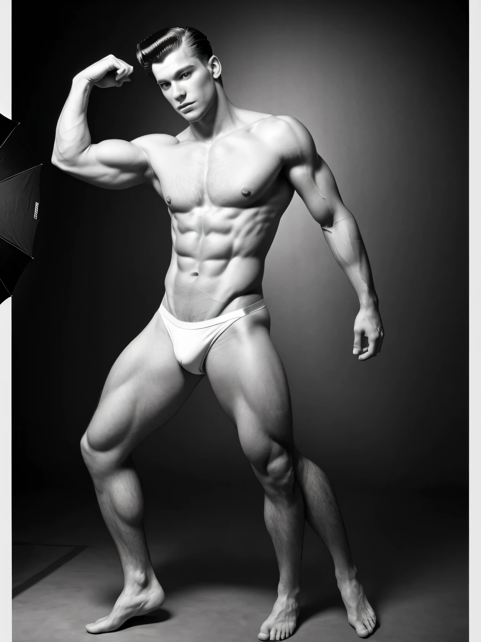 (masterpiece, DSLR camera, RAW, best quality:1.2), full body portrait of young man, ((male)), (styled in a vintage 1950's black & white Bob Mizer photograph, wearing a small white thong, highly detailed:1.3), flexing poses, (highly detailed face:1.8), (1950's men's Hairstyle:1.3), (slim athletic body, large pecs, abs), (background is a photo studio with a few props:1.4), (soft studio lighting, volumetric shadows)