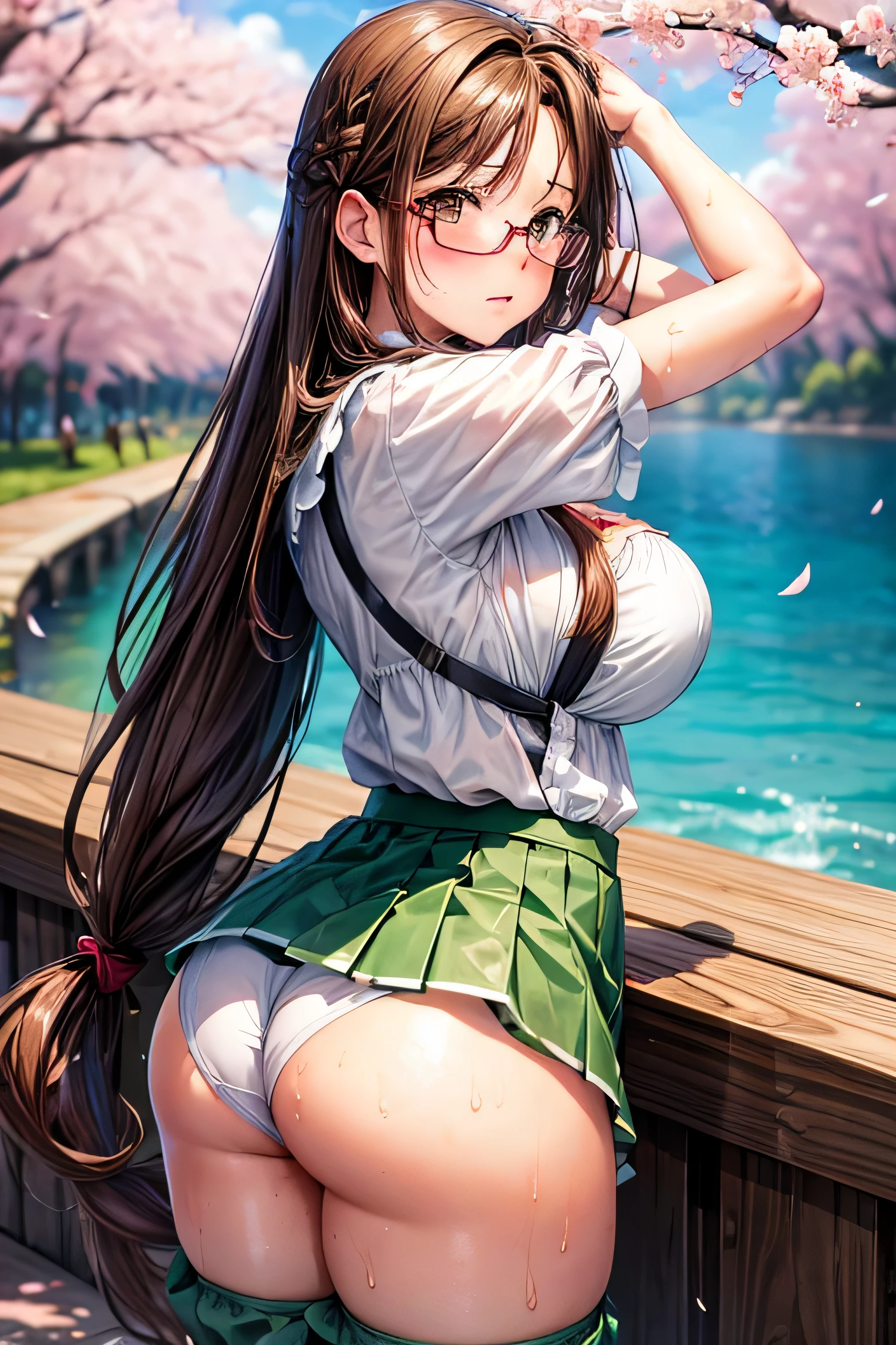 High resolution, high quality, 1 girl, Anime Girls, Brown long hair, Brown eyes, Green glasses, Sunburned skin, big breasts, (Big Ass),sweat,wet,Embarrassed,long dirndl skirt,arms behind head,standing,(water),cherryblossom,