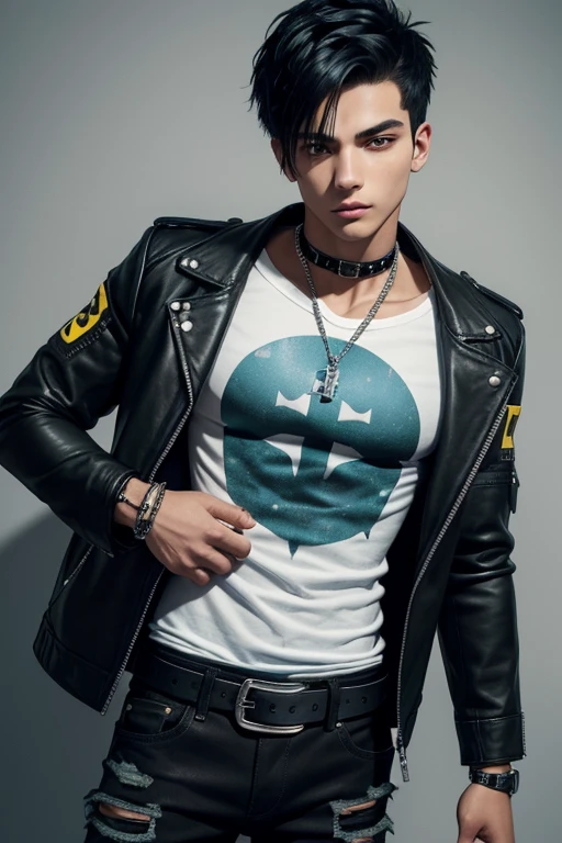 Diego Sans 20-year-old boy with open black jacket, blue t-shirt with snow print, short black hair, punk style, yellow locks, black jeans, green eyes, black leather belt, silver buckle, slim muscular build, cross medallion, silver bracelet, looking straight at the viewer