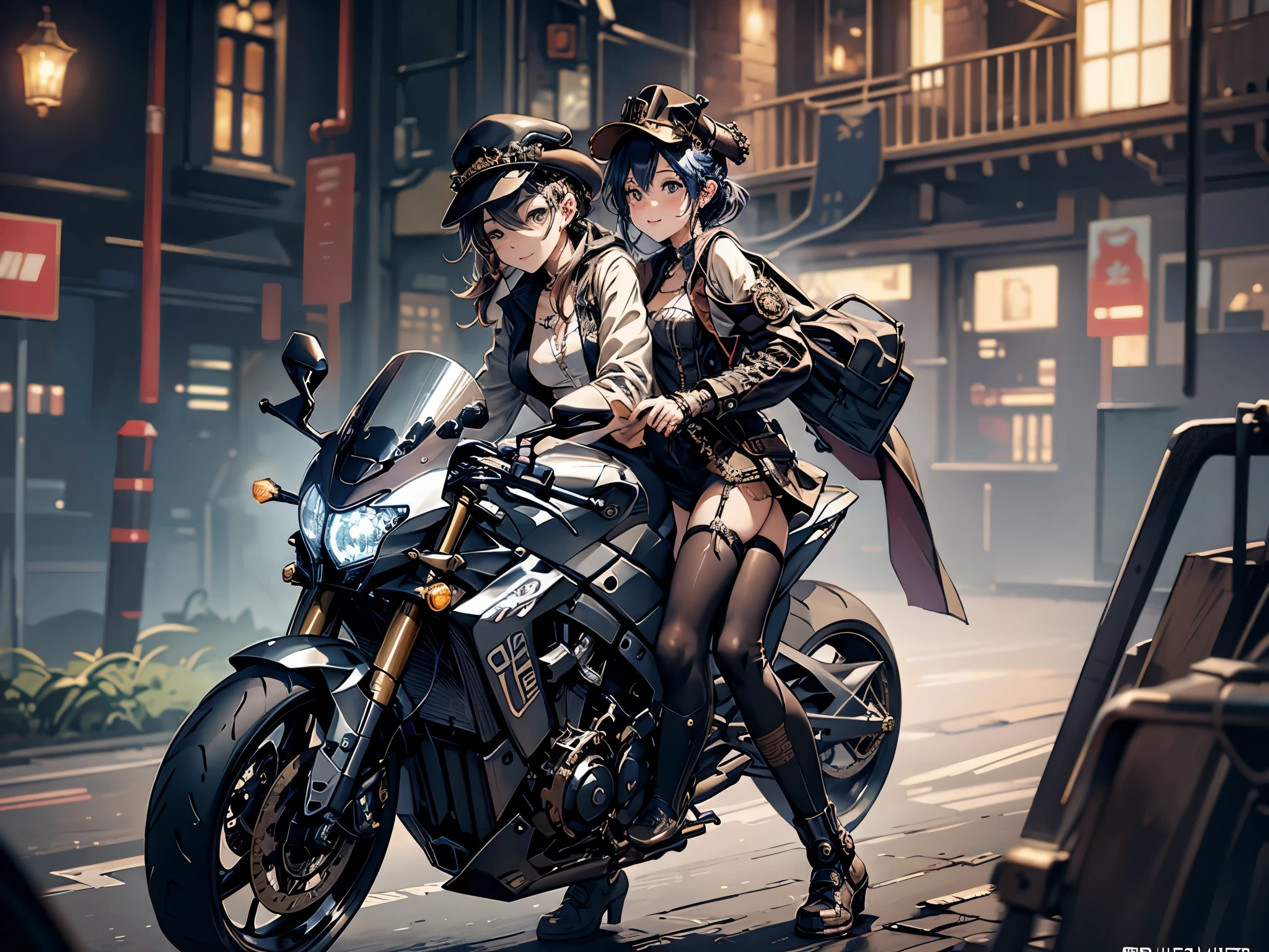 (Line art_anime),(Cowboy Shot, highest quality, ),(Photo by Laura Budd:1.2),(Laura Add details:1.0),8K, Flat Color:0.8,Dynamic Angle,1 girl,smile、(On a steampunk motorcycle:1.5)、An elaborately decorated motorcycle、(Highly decorative and complex mechanical steampunk fashion, lace flare dolphin hat、goggles 1.5、machinery background、Gear background、Intricately mechanized steampunk cityscape 1.5),