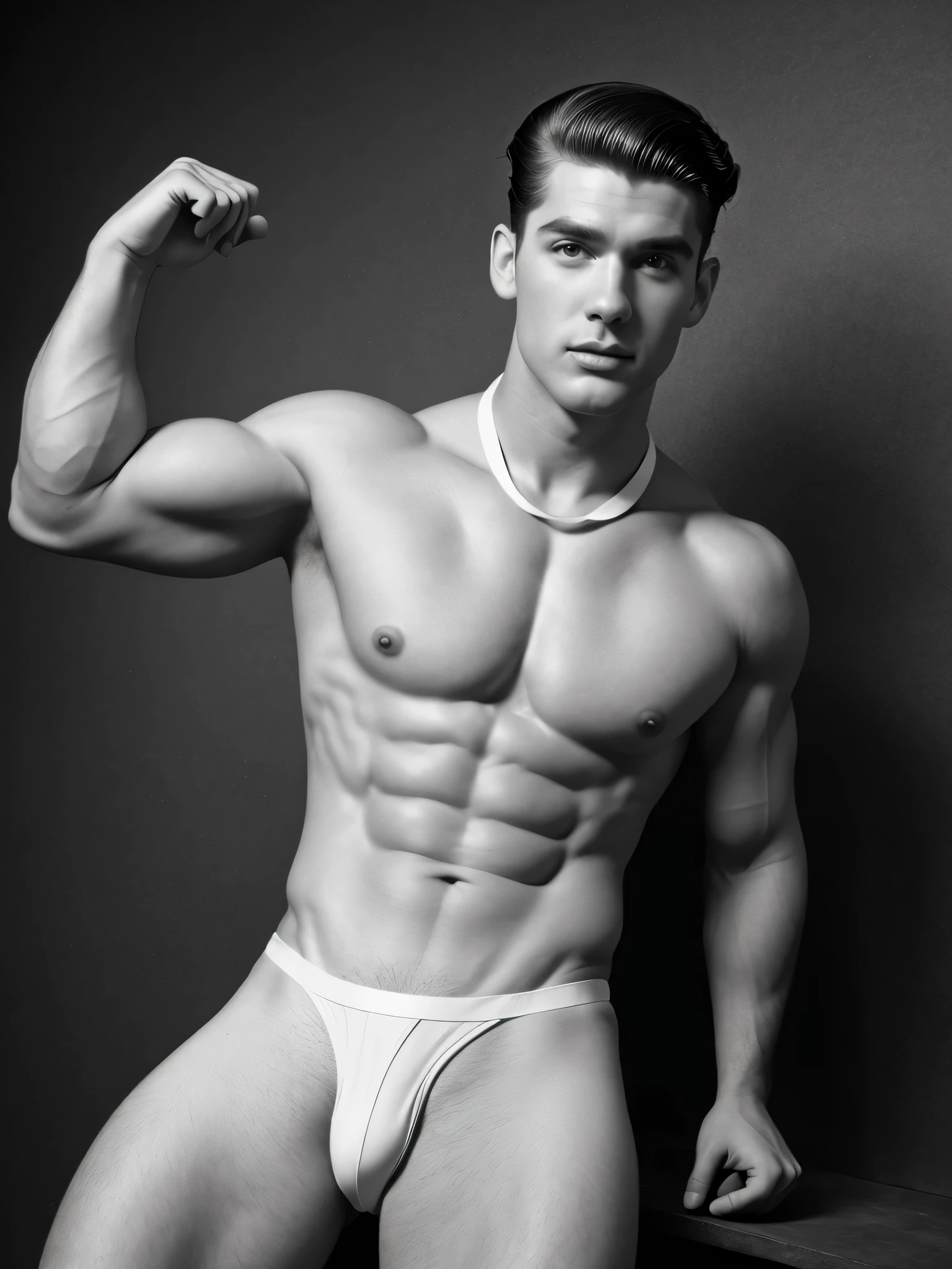 (masterpiece, DSLR camera, RAW, best quality:1.2), full body portrait of young man, ((male)), (styled in a vintage 1950's black & white Bob Mizer photograph, wearing a small white thong, highly detailed:1.3), flexing poses, (highly detailed face:1.8), (1950's men's Hairstyle:1.3), (slim athletic body, large pecs, abs), (background is a photo studio with a few props:1.4), (soft studio lighting, volumetric shadows)