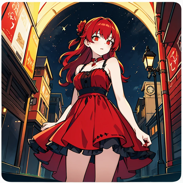  (Master piece Best quality),1 Girl, red hair, blood on lips, red dress, night, full of blood, moon, background street lights,