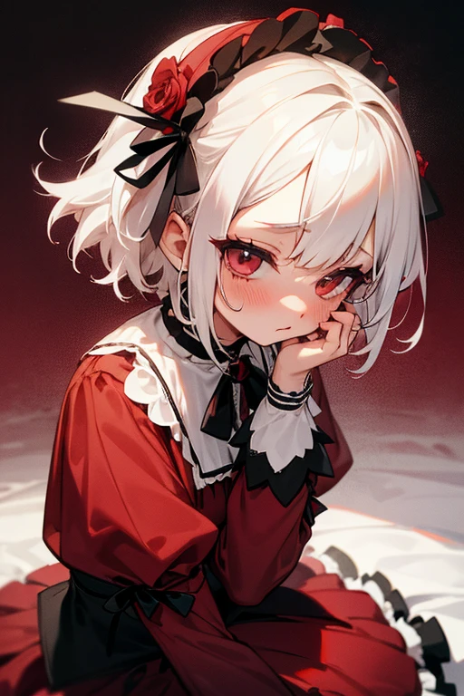 Short white hair, blush, Gothic Lolita、Punk Fashion、Headbang 2.、Red clothes、
