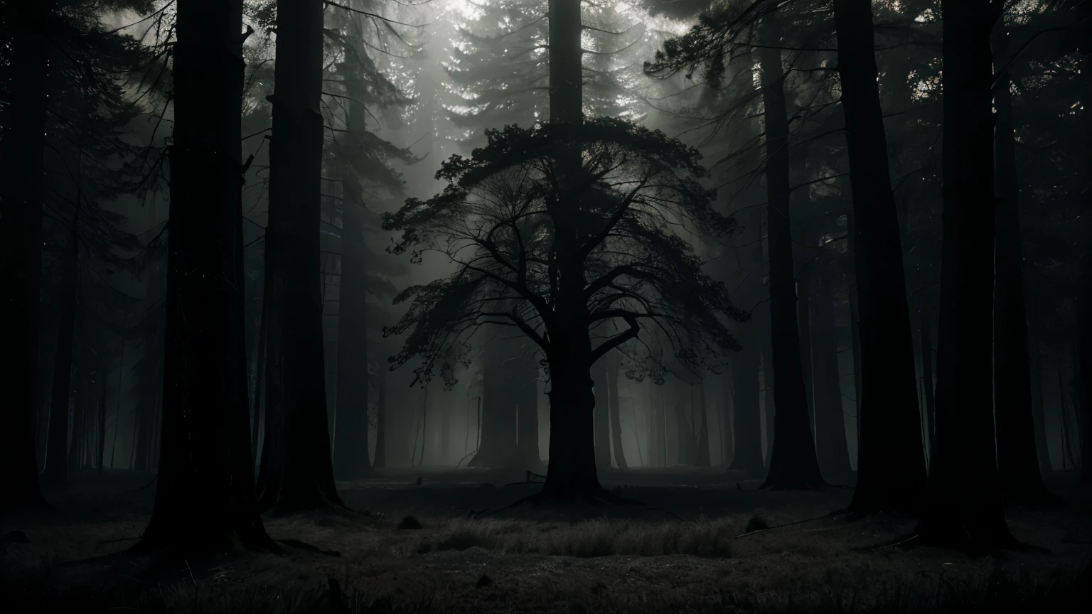 A dark illustration of the deep forests of Blackwood County, with ancient, gnarled trees whose branches seem to touch the sky. A dense fog envelops the scene, blurring the outlines of the trees and creating an ominous atmosphere.