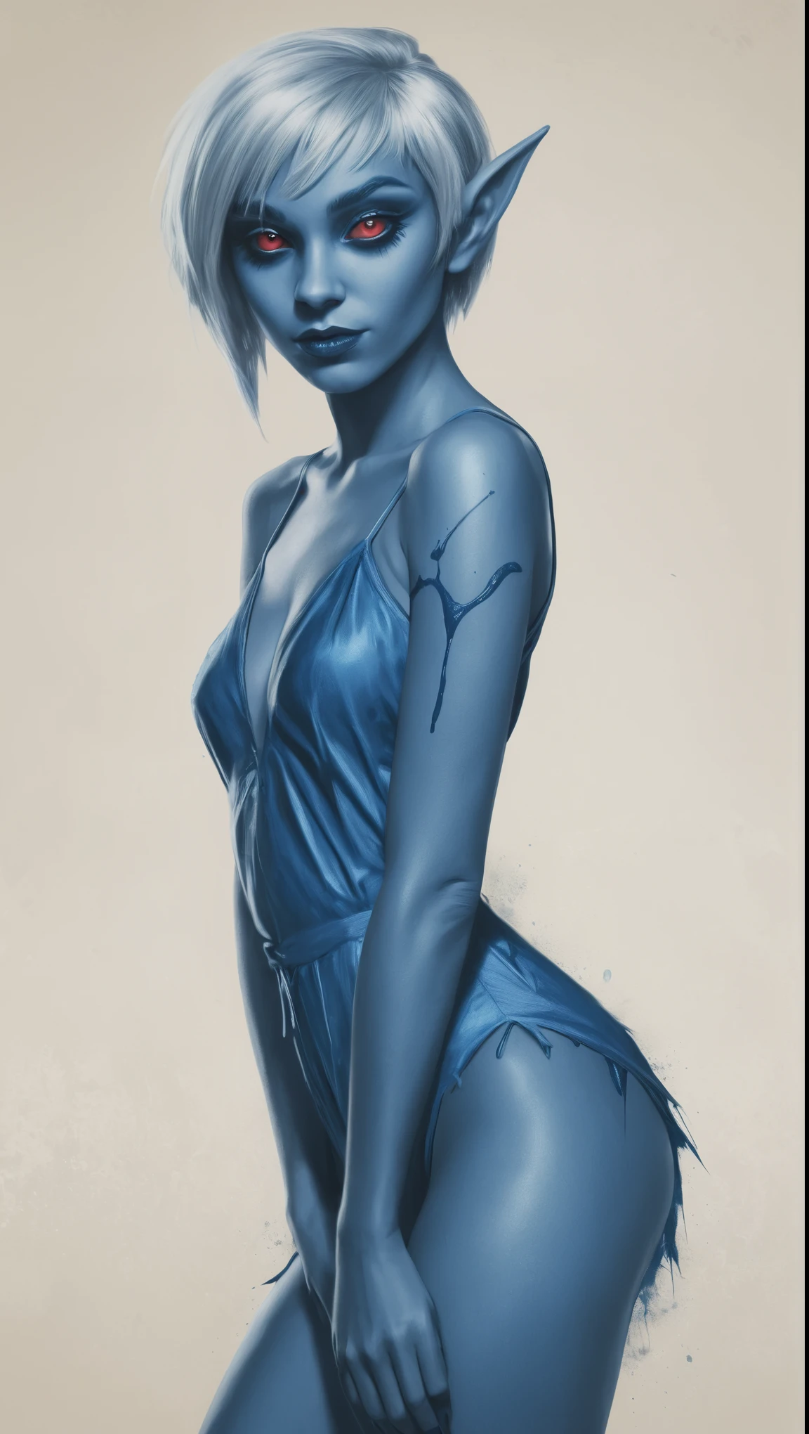 An illustrated movie poster, hand-drawn, full color, a young drow woman, drow elf, wearing a retro romper, blue skin, blue complexion, pointy elf ears, ruby eyes, dark hair, shaggy bob, posing like a model, hard shadows, graphite shading, stencil marks, airbrushed acrylic paint, masterpiece, in the style of Rockstar Games