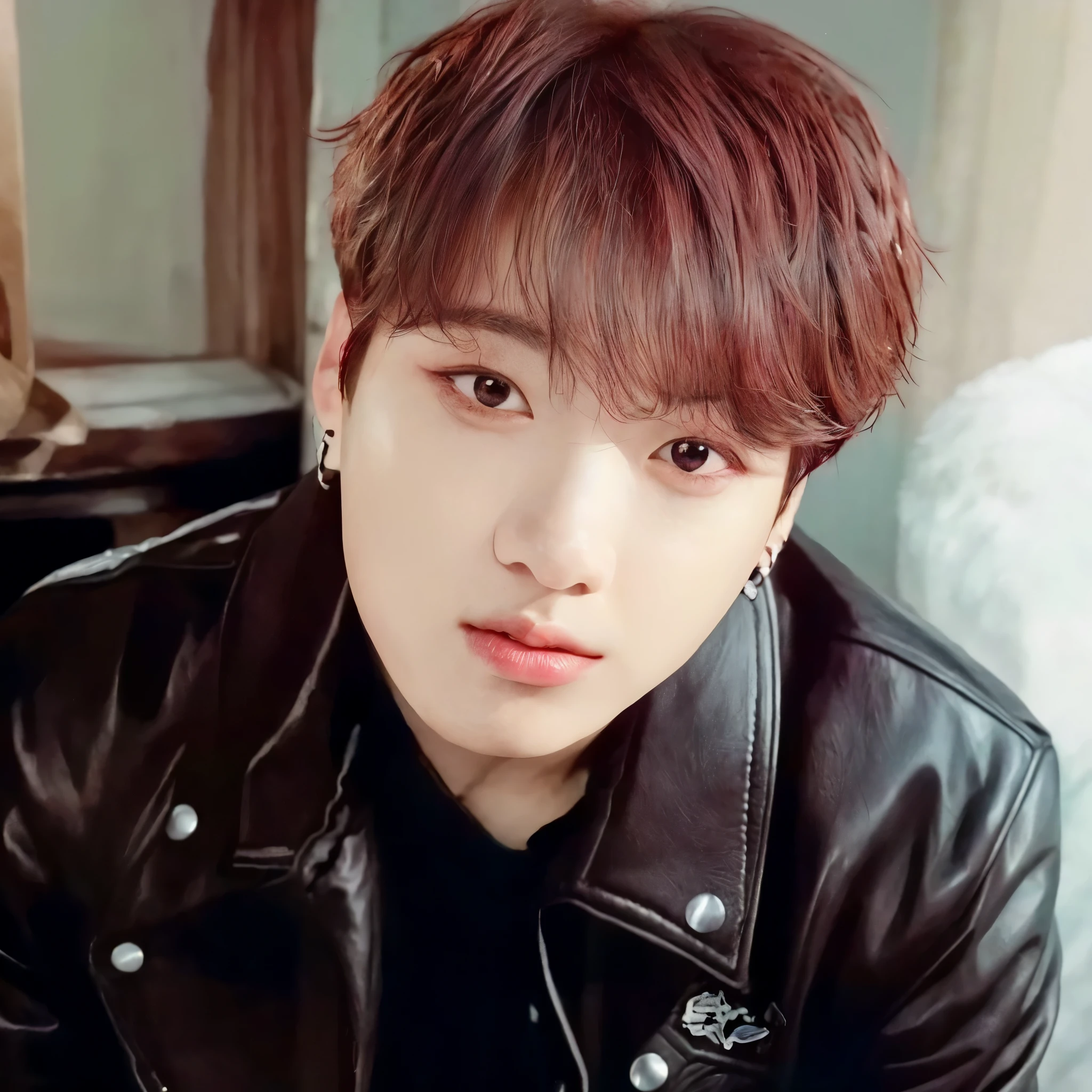 um close de uma pessoa vestindo uma jaqueta de couro e uma camisa preta, Jungkook, Jimin\the full lips, Jimin\the right eyelid is swollen, park Jimin, hyung tae, cai xukun, Jimin, Yoongi de cabelo preto, profile picture with headshot, Tae June Kim, Hong junho hyung, kpop idol portrait, accurate Jimin face, adorable and pale korean face