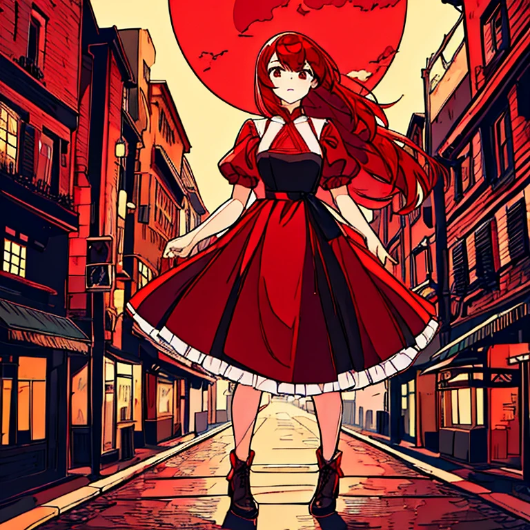 (Master piece Best quality),1 Girl, red hair, blood on lips, red dress, night, full of blood, moon, background street lights,