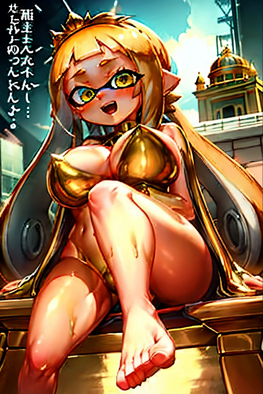 goddessになったスプラトゥーンの女の子、goddess、3D、real anime、(((whole body)))、Body of Molten Gold、Liquid Metal Girl、liquid skin、slime girl、Golden tentacle hair、Long ponytail tentacle hair、tiara、Big and pretty eyes、Golden Eyes、Shining Eyes、blush、cheek、Rouge、Open mouth and smiling sweetly、Huge breasts, Cleavage、Chest close-up、Poses that accentuate the chest、The Golden Temple can be seen in the background、Golden photos that bring good luck、Sitting on the throne、feetを組む、Farfa、From above、only、feet、View your viewers