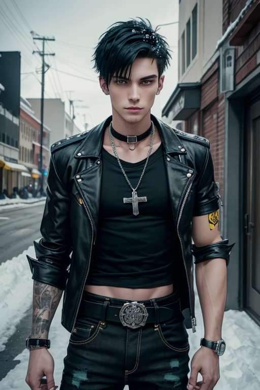 Ryan Bones 20-year-old boy with open black jacket, blue t-shirt with snow print, short black hair, punk style, yellow locks, black jeans, green eyes, black leather belt, silver buckle, slim muscular build, cross medallion, silver bracelet, looking straight at the viewer